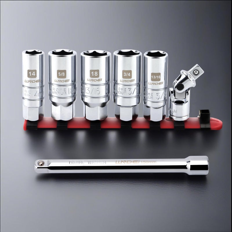 LLNDEI 3/8 Inch Drive Spark Plug Socket Set SAE & Metric  High Visibility 6 Point Sockets CR-V Steel  Mirror Polished Sockets with Rubber Retaining Rings-Spark Plug Removal Tool for Car Repair 7PCS - Image 2